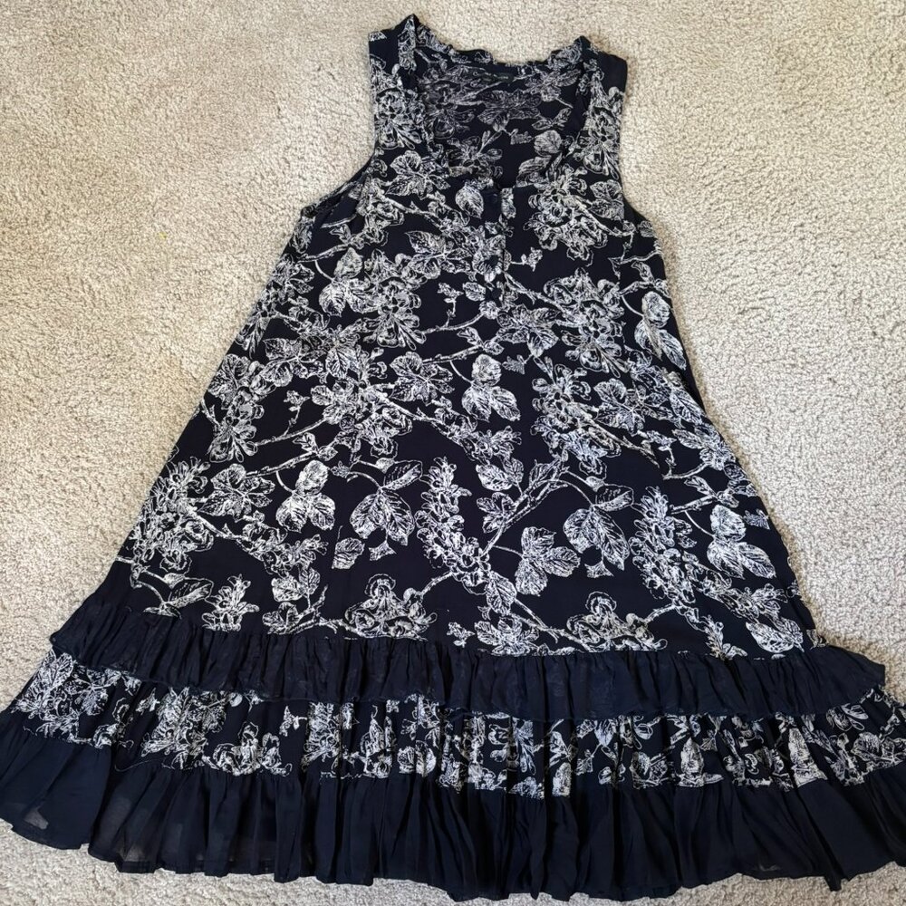 Caroline Morgan Navy and Camel Sleeveless Dress Ruffle Hem Size 8